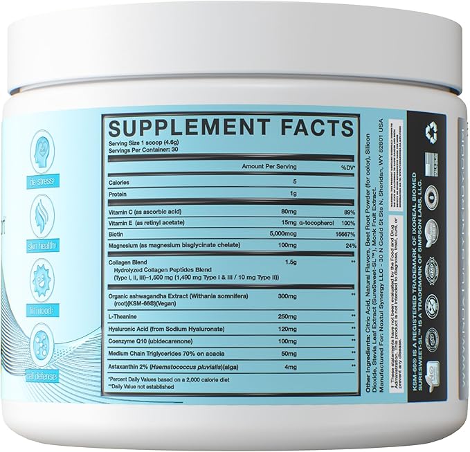 Daily Stress & Skin Support Drink Powder – Adaptogen Cortisol Reducer with Ashwagandha KSM-66, L-Theanine, Magnesium & Collagen Peptides – Mood, Focus & Hydration - Raspberry Lemonade, 30 Servings