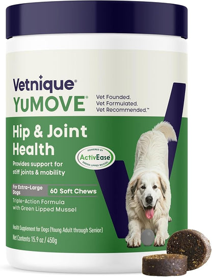 YuMOVE Hip & Joint Supplement for Large Dogs - with Glucosamine Chondroiton, Green Lipped Mussel, Hyaluronic Acid, and Omega 3 Joint Supplement for Stiffness and Mobility - 60 Chews (Large/XL Dogs)
