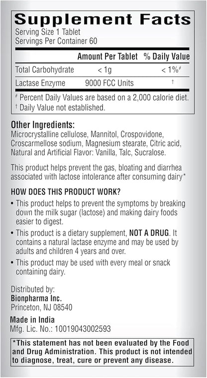 A+Health Dairy Relief Lactase Enzyme 9000 FCC Chewable Tablets, 60 Count, Fast Acting, Dye-Free, Dietary Supplement, Vanilla Flavor, Single Serve Pouches, for Adults and Children 4 Years and Up