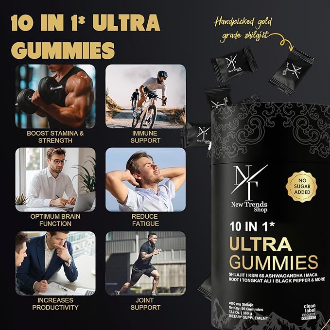 Shilajit Gummies 10-in-1 Ultra Shilajit Gummies | 4000 mg Pure Shilajit, Tongkat Ali, Maca Root, 75% Fulvic Acid | Sugar-Free Vegan, 85+ Trace Minerals | 90 Pack