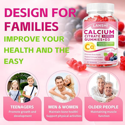 Calcium Citrate Gummies 1200mg with Vitamin D3 & K2 Supplements for Women & Men, High Absorption Calcium Gummies Plus Magnesium, Zinc for Strong Bones & Immune Support Mixed Berry Flavor, 2 Pack