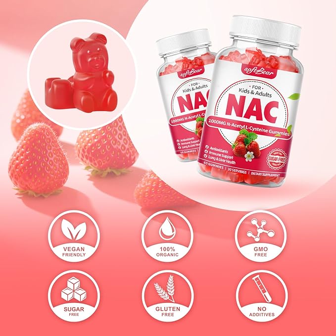softbear NAC Gummies for Kids & Adults, NAC Supplement 1000mg N Acetyl Cysteine Supports Lung & Liver Health, Antioxidants & Immune System, Strawberry Flavor 60 Count
