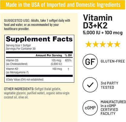 NatureWise Vitamin D3 5000IU + K2 (MK7) 100mcg with Organic Extra Virgin Coconut Oil - Supports Calcium Absorption, Bone & Immune Health - Non-GMO, Soy & Gluten-Free - 30 Softgels[30-Day Supply]
