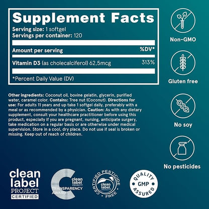 Puori Vitamin D3 Softgels, 2500 IU (62.5 mcg) - Fast Absorbing Vitamin D3 Supplements for Immune System Support, Bone Health & Density and Healthy Muscle Functions - Non-GMO & Gluten-Free - 240 Count