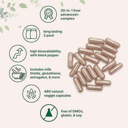 Liver Advanced+, 480 Veggie Capsules | 20-in-1 Complex + Milk Thistle, Dandelion, NAD, NAC, ALA, TUDCA, Glutathione, Artichoke, Turmeric, & Astragalus | Non-GMO, Gluten Free