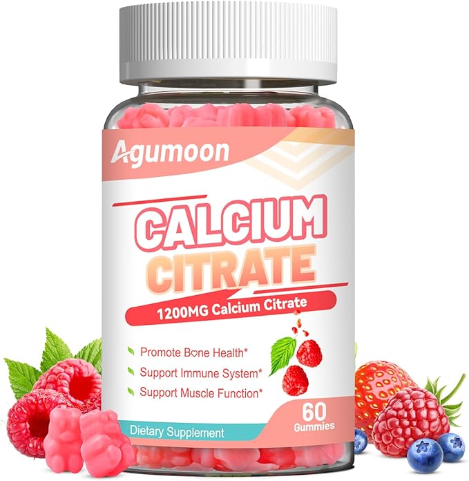 Calcium Citrate Gummies 1200mg, Chewable Calcium Supplement for Women & Men, Ultimate Absorption Calcium Gummies for Muscle & Immune Support, Sugar Free, Raspberry Flavor, 60 Count