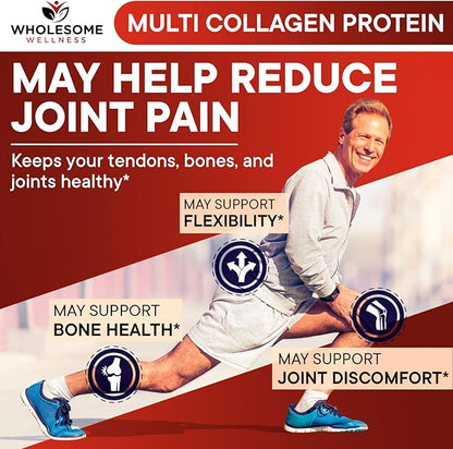 Wholesome Wellness Premium Multi Collagen Peptides Protein Powder for Women and Men, 5 Types of Hydrolyzed Collagen, Grass-Fed, Non-GMO & Unflavored, Pure Protein for Youthful Skin & Joint Recovery