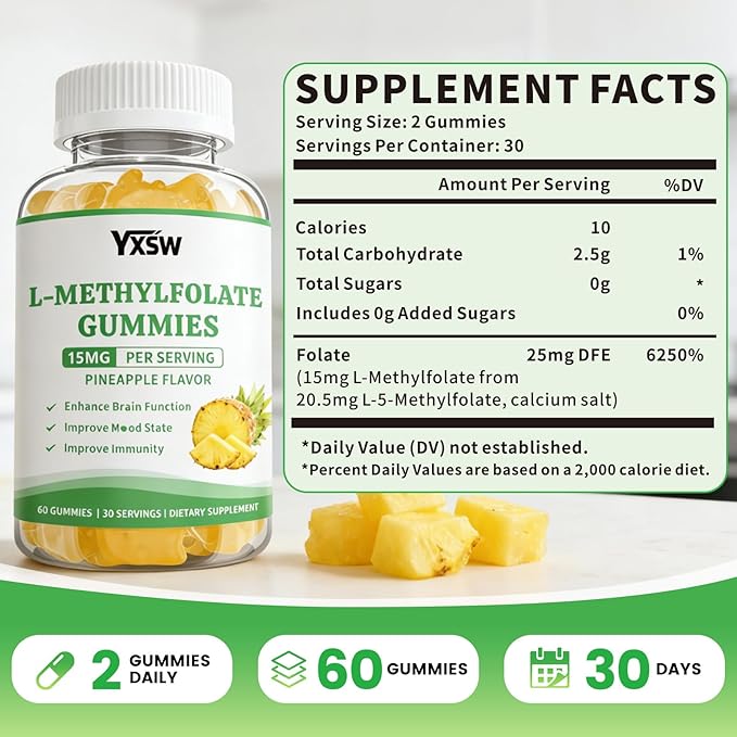 L-Methylfolate Gummies 15mg, Methylfolate Supplement, Folate Supplement for Support Mood, Brain Health, Immune System, Sugar Free, Pineapple Flavor, 120 Count