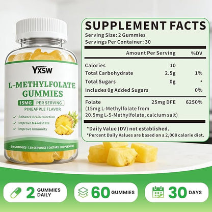 L-Methylfolate Gummies 15mg, Methylfolate Supplement, Folate Supplement for Support Mood, Brain Health, Immune System, Sugar Free, Pineapple Flavor, 120 Count