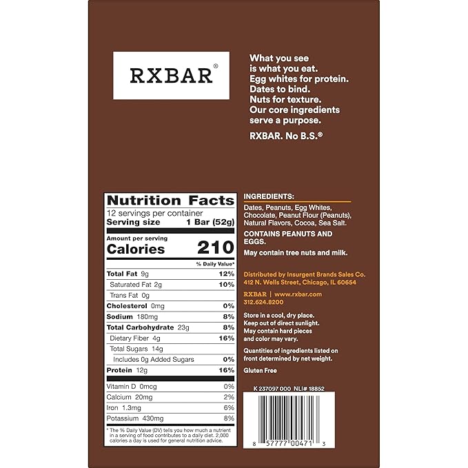 RXBAR Protein Bars, Protein Snack, Snack Bars, Peanut Butter Chocolate, 22oz Box (12 Count)