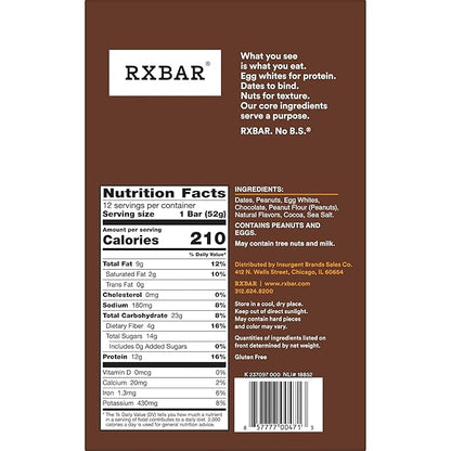 RXBAR Protein Bars, Protein Snack, Snack Bars, Peanut Butter Chocolate, 22oz Box (12 Count)