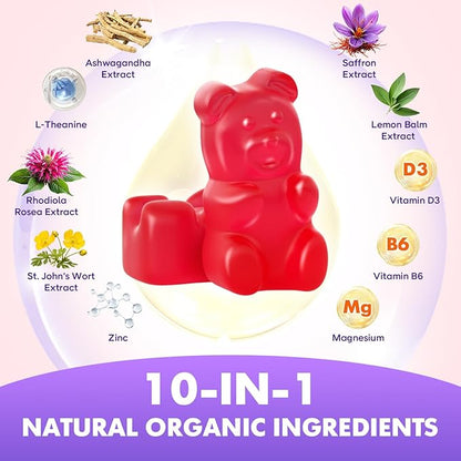 softbear Saffron Gummies for Kids & Adults, 10-in-1 Organic Saffron Supplements with 88.5mg Saffron Extract Support Calm Mind & Focus & Zzz, Sugar Free/Non-GMO, Strawberry Flavor 120 Count
