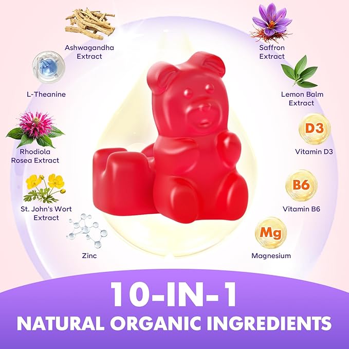 softbear Saffron Gummies for Kids & Adults, 10-in-1 Organic Saffron Supplements with 88.5mg Saffron Extract Support Calm Mind & Focus & Zzz, Sugar Free/Non-GMO, Strawberry Flavor 60 Count