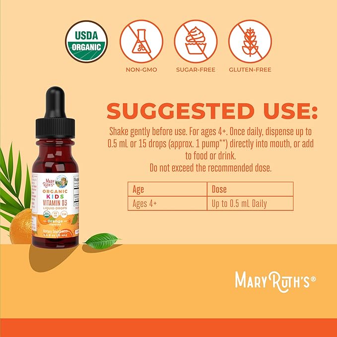 MARYRUTH'S USDA Organic Vitamin D3 Liquid Drops for Kids | 640 IU Vitamin D3 Per Serving | Kids Immune Support & Bone Health Supplement | Formulated for Ages 4-13 | 0.5oz | 30 Servings