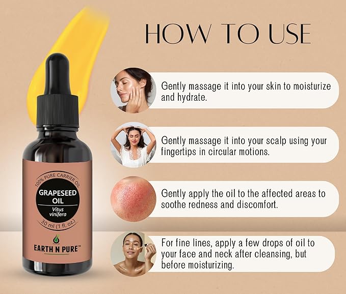 Earth N Pure Grapeseed Oil Cold Pressed, Natural and Therapeutic Grade 15 ML