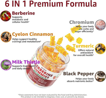 Berberine Gummies Supplement 1500mg, Natural GLP-1 Support + Ceylon Cinnamon, Chromium, Milk Thistle, Turmeric, AMPK Activator for Women & Men, Berberine HCl from Indian Barberry, Sugar Free, 2 Pack