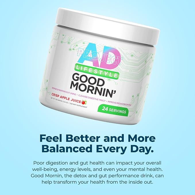 Project AD Life Good Morning Detox and Performance Drink, Naturally Flavored and Formulated with L-GLutamine, Apple Cider Vinegar, and Aloe Vera (24 Servings, Iced Tea)