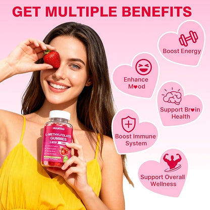 L-Methylfolate 15 mg Gummies, Methylfolate Supplement, Folate 5-MTHF Supplement for Support Mood, Brain Health, Immune System, Sugar Free, Strawberry Flavor, 60 Count
