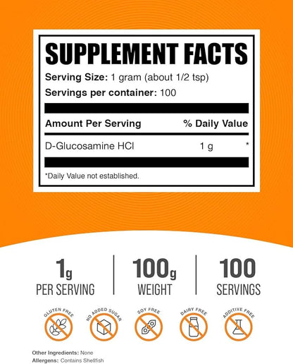 BulkSupplements.com Glucosamine HCl Powder - Glucosamine Supplement, Joint Support Supplement - Gluten Free, 1g per Serving, 100g (3.5 oz) (Pack of 1)