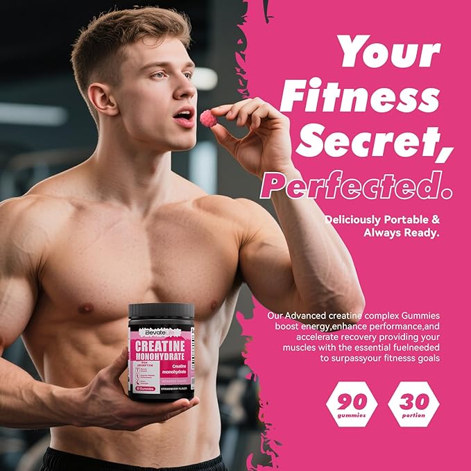 NSFCertified Creatine Monohydrate Gummies 5000mg for Men & Women, Chewables Creatine Monohydrate for Muscle Strength, Muscle Builder, Energy Boost, Pre-Workout Supplement(90 Count)-Strawberries