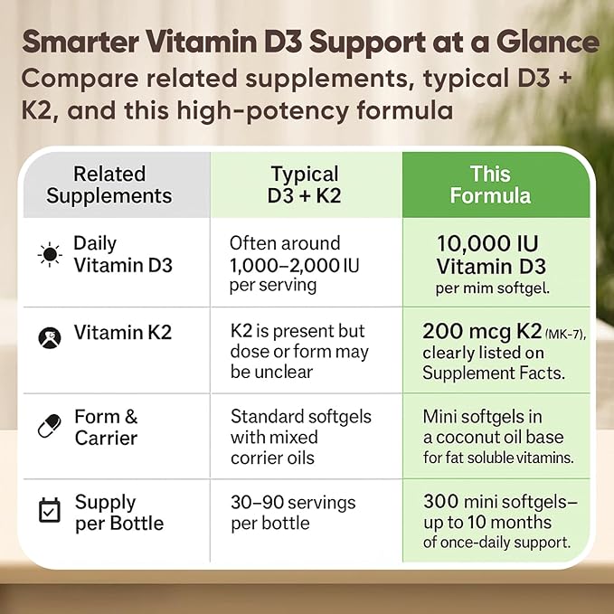 Real Good Essentials Vitamin D3 K2, Essentials D3+K2 (MK7) Coconut Oil 300 Softgels, with Vitamins D & K 10000 Iu Supports Calcium Absorption, Bone, Immune.(1)