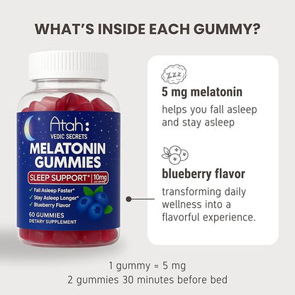 Atah Melatonin Gummies 10mg for Adults | Blueberry Flavor Sleep Support Gummies – Melatonin Supplements, Non-GMO, Gluten Free, Non-Habit Forming – 60 Gummies