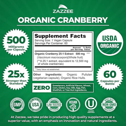 Zazzee USDA Organic Cranberry 25:1 Extract, 500 mg per Capsule, 60 Vegan Capsules, 2 Month Supply, Certified Kosher, Vaccinium Macrocarpon, Urinary Tract & Bladder Support, Non-GMO, Made in the USA