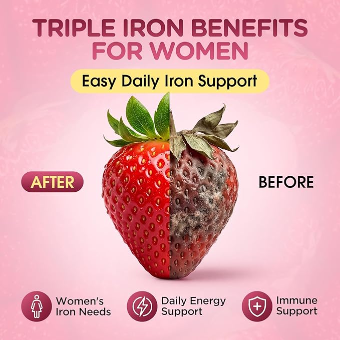 Iron Gummies for Women, Triple Iron Supplement with Multivitamin Iron Gummies with Vitamin C, A, B, Folate, Copper, Zinc for Energy & Blood Support, Immune Health, Vegan, Strawberry Flavor, 120 Counts