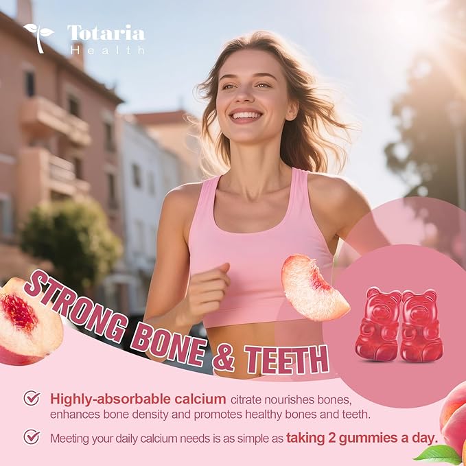 2 Pack Calcium Citrate Gummies 1200 mg - Calcium Supplements for Women with Vitamin D3 & K2,Magnesium,Zinc - Sugar Free Calcium Gummies for Bone & Teeth & Immune Support- Peach Flavor