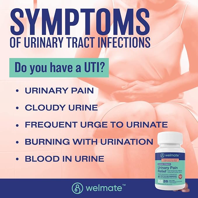 WELMATE Urinary Pain UTI Relief Maximum Strength (Phenazopyridine HCL) - Improve Urinary Tract Health & Bladder Control, Urgency, & Discomfort | Over-The-Counter Medication for Men & Women (36 Pills)