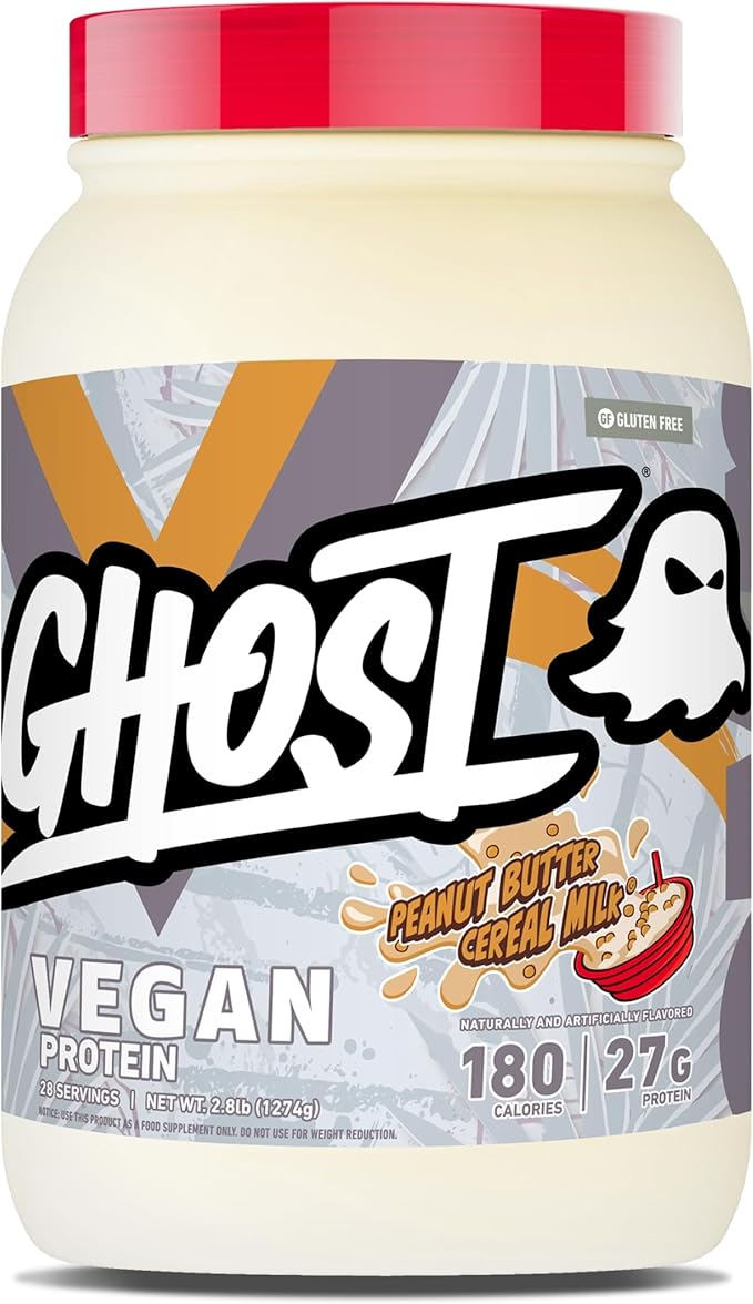 GHOST Vegan V2 Protein Powder, Peanut Butter Cereal Milk – 2.8LB Tub, 27G of Protein - Plant-Based Pea & Organic Pumpkin Blend Protein with Fiber & Iron Flavored Post Workout Shakes - Soy, Gluten Free