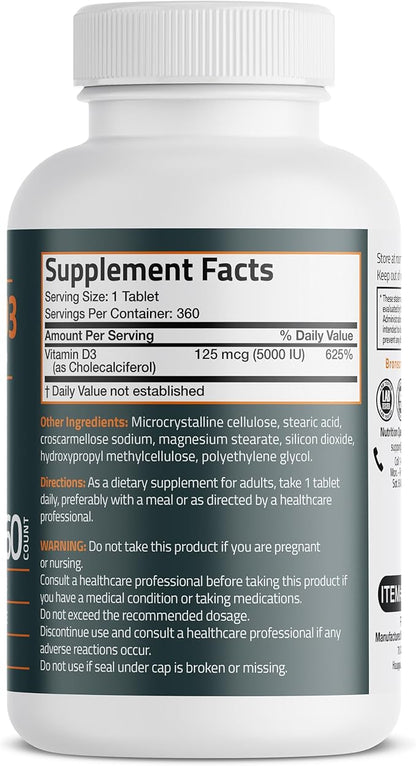 Bronson Vitamin D3 5000iu (125mcg) Healthy Muscle Function and Immune Support, Non-GMO, 360 Tablets