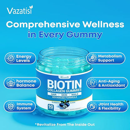 Biotin Gummies 10,000mcg with Collagen - 23-in-1 Hair Growth Gummies for Women & Men - Hair Skin and Nails Gummies with Keratin & Saw Palmetto - Sugar Free Non-GMO, Blueberry, 180 Count