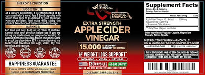 Apple Cider Vinegar Capsules - 15000 mg of Raw Apple Cider Vinegar Equivalent** - 100% Natural Pure ACV - Energy, Metabolism & Weight Loss Support - 3rd Party Lab Tested - 120 Capsules, 60-Day Supply
