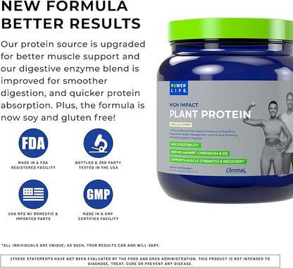 POWERLIFE High Impact Plant Protein Powder with 3000 MG of HMB, Plant-Based, No Sugar Added, Vegan, Keto Friendly, Non-GMO (Vanilla - New Formula)