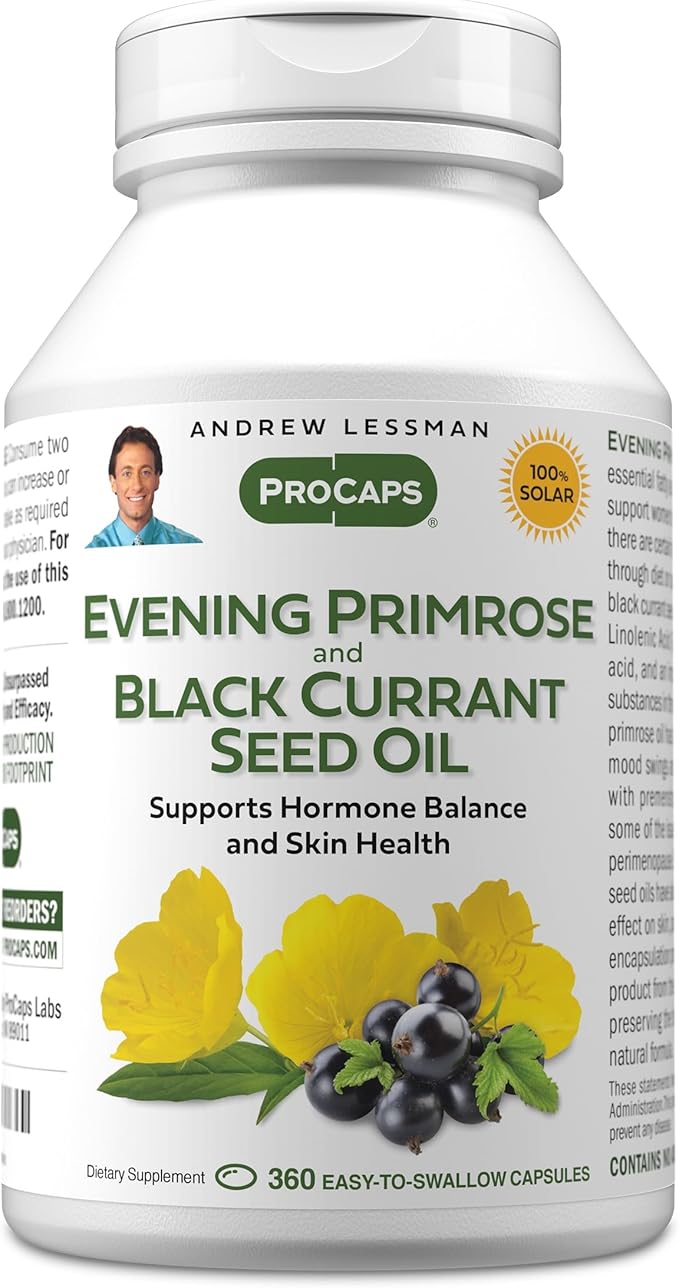 ANDREW LESSMAN Evening Primrose and Black Currant Seed Oil 360 Softgels - Soothes Physical Discomfort and Mood Swings Due to Menstrual Cycle, with Gamma-Linolenic, Omega-6 Fatty Acids, No Additives