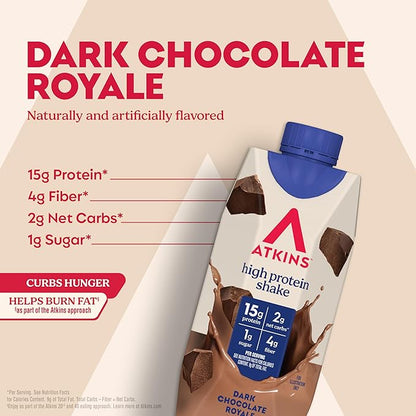 Atkins Dark Chocolate Royale Protein Shake, High Protein Shakes, Low Glycemic, Low Carb and Low Sugar Chocolate Flavored Protein Shakes, Keto Friendly, 12 Count
