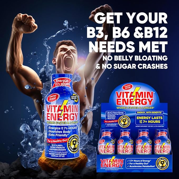 Vitamin Energy B12 11,000% Extra Strength Energy Shot Açaí Pomegranate 12 Pack, 260mg Natural Caffeine, B12 & B6, Nootropic Focus, Vitality, Zero Sugar, Gluten-Free, Vegan, Kosher, 1.93 fl oz