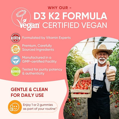 Vitamin D3 K2 Gummies 5000IU / 10,000 IU with 500mg Calcium + K2(MK-7) 200mcg, Magnesium, Vitamin C & Zinc, Extra Strength - Ultimate Absorbency for Bones, Muscles, Teeth, Vegan, 60 Count (Pack of 1)