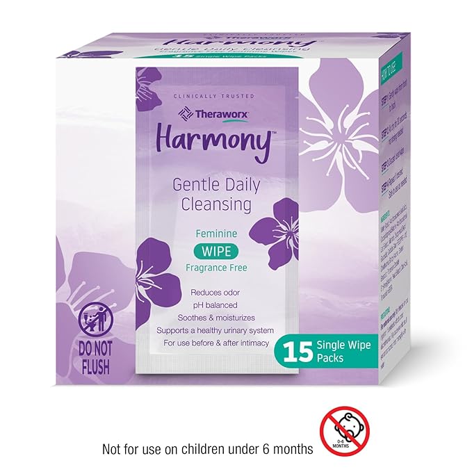 Theraworx Harmony Gentle Daily Cleansing Feminine Wipes Fragrance Free, Reduces Odor, Individually Wrapped, Travel Size – 15 Count