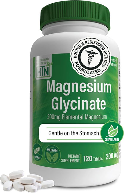 Magnesium Glycinate - Muscle, Nerves, Relaxation & Sleep Supplement | 200mg Elemental Magnesium Fully Reacted Chelated | Gentle on the Stomach | Non-GMO 120 Tablets | by Health Thru Nutrition
