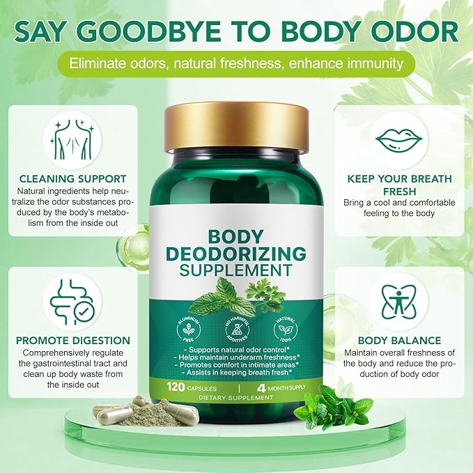Body Deodorizing Supplement | Body Magic | Chlorophyll Capsules - 120 Count | Natural Internal Deodorant with Chlorophyll & Mint | Supports Freshness for Underarm, Intimate Areas & Breath | Vegan