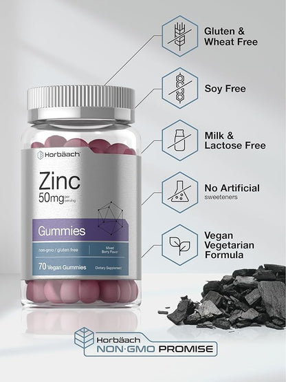 Horbäach Zinc Gummies | 50mg | 70 Count | Mixed Berry Flavor | Vegan, Non-GMO, Gluten Free Formula