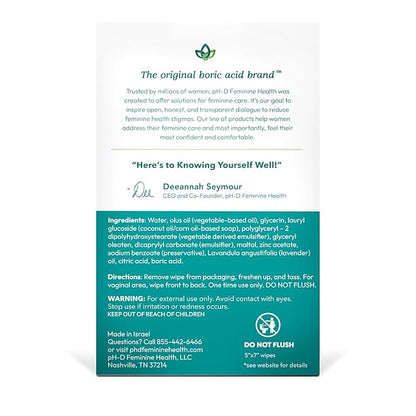 pH-D Feminine Health Support - Boric Acid Wipes - Holistic Body Wipes - Travel Friendly, pH-Balanced, Paraben-Free, and Made with Essential Oils - Sensitive - 20 count