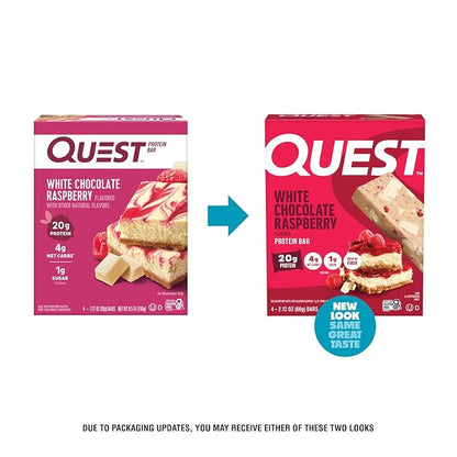 Quest Nutrition White Chocolate Raspberry Protein Bars, 20g Protein, 1g Sugar, 5g Net Carb, High Fiber, Gluten Free, Keto Friendly, 4 Count
