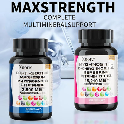 cortisol & myo-inositol Supplement Bundle with ashwagandha, Magnesium, l-theanine, d-Chiro inositol, folate, Berberine, chasteberry for Stress Relief & Balance