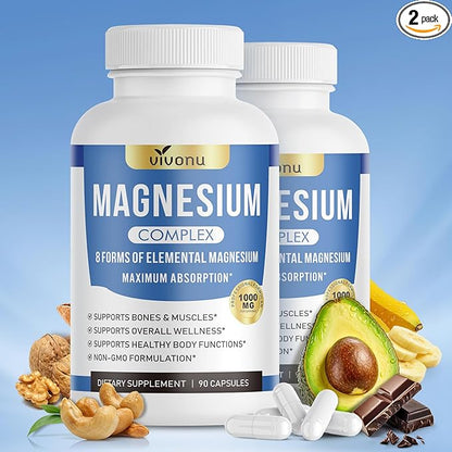 1000mg Magnesium Complex Capsules, 8 Elemental with Magnesium Glycinate, Citrate, Malate, Taurate, Oxide, Carbonate, Aspartate, Orotate for Bones, Muscle, Recovery, Energy, Vegan Non-GMO, 2 Bottle