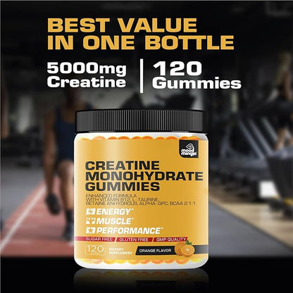Creatine Monohydrate Gummies 5g for Men Women - Sugar Free Chewable Vegan Supplement - Enhanced Formula with Vitamin B12 L-Taurine Betaine Anhydrous Alpha-GPC BCAA 2:1:1