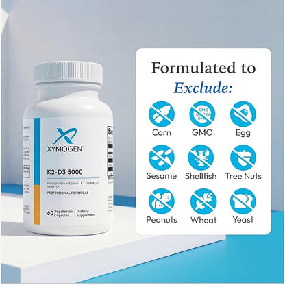 XYMOGEN K2-D3 5000 - Vitamin D3 K2 Supplement for Immune, Bone & Cardiovascular Support* - Non-GMO, Gluten Free, Vegetarian - 60 Capsules