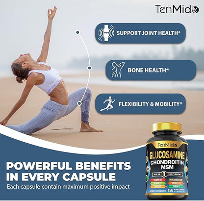 Glucosamine Chondroitin MSM Supplement - 12in1 Formula - Combine with Turmeric, Hyaluronic Acid, Boswellia, Omega-3, Bromelain, Ginger, and More - Joint Health Support - 150 Capsules